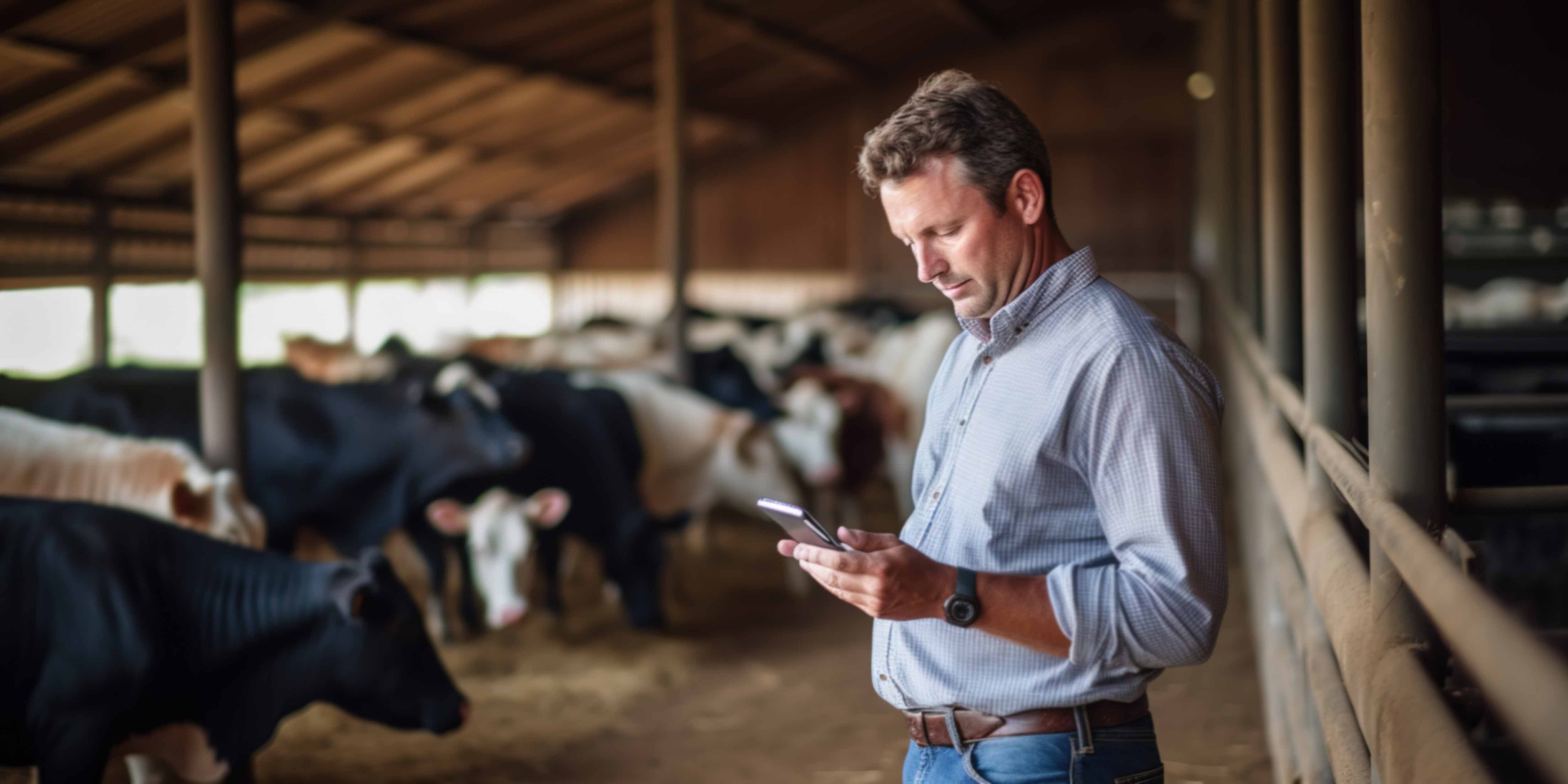 Farmer using a smartphone while standing among cattle inside a barn